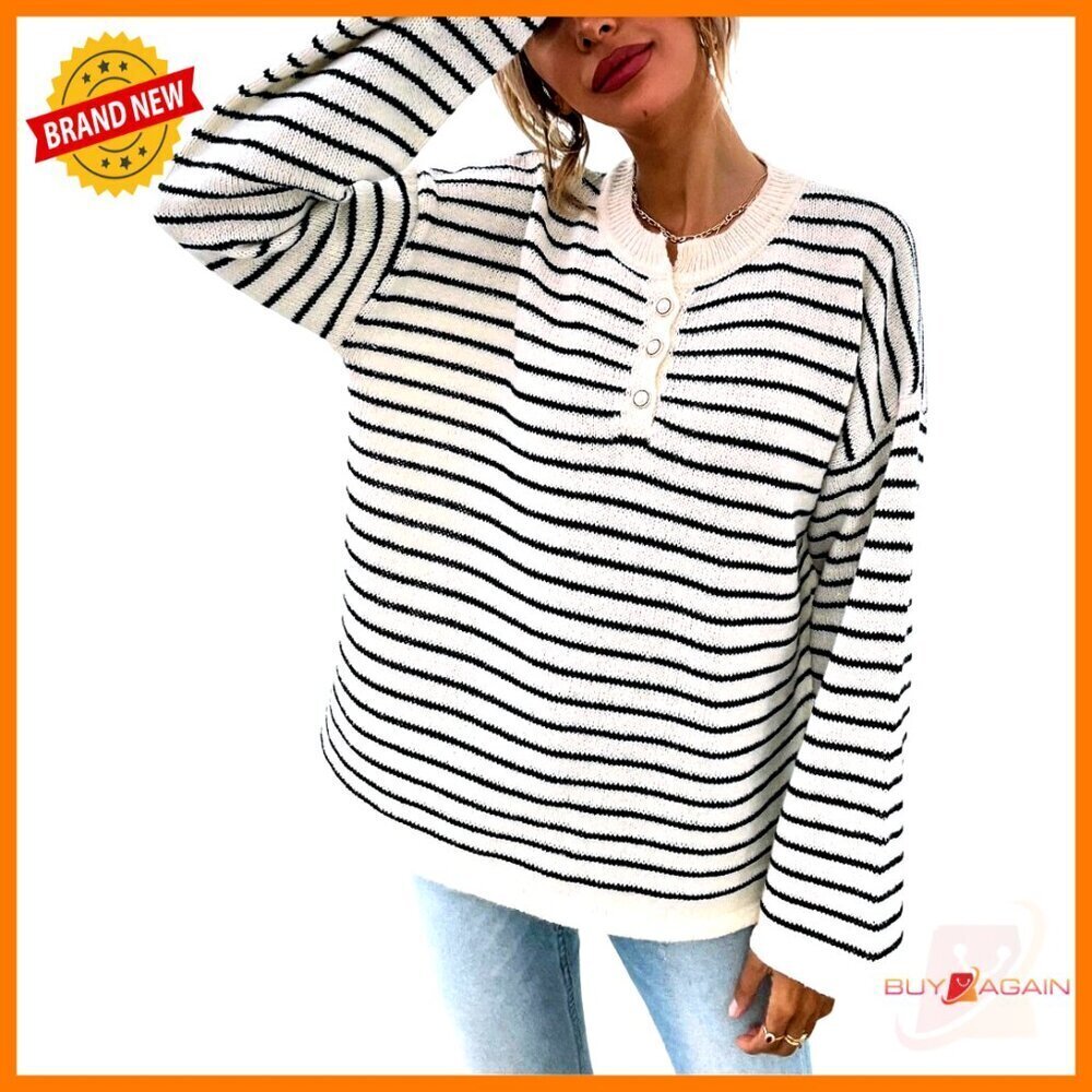 Oversized Striped Sweater Long Bell Sleeve Button Front Ribbed Knit Henley Top